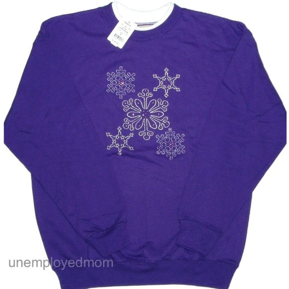 Sweatshirt Women's Purple Snowflake Rhinestones Top Sweater Holiday Christmas - Picture 1 of 6
